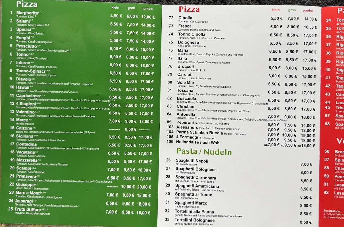 Speisekarte, Pizzeria Marco