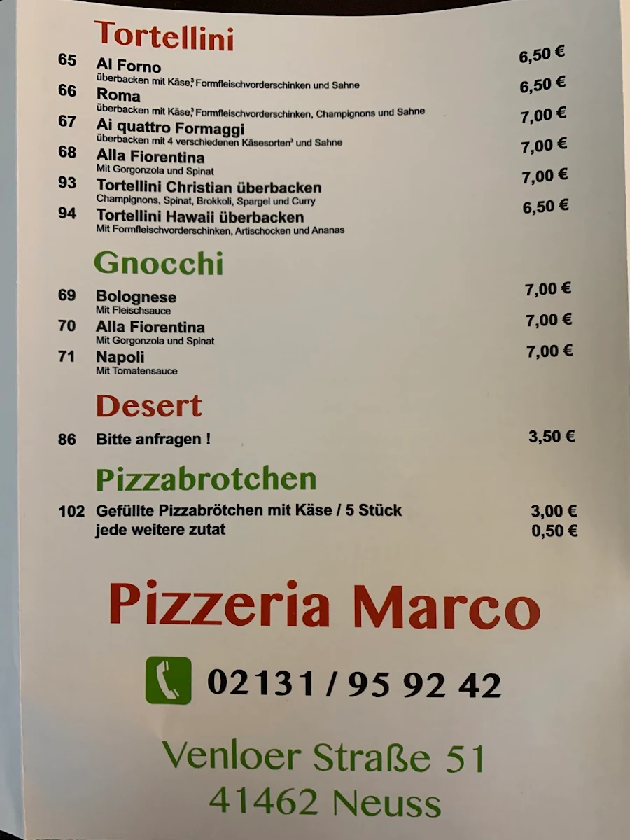 Speisekarte, Pizzeria Marco