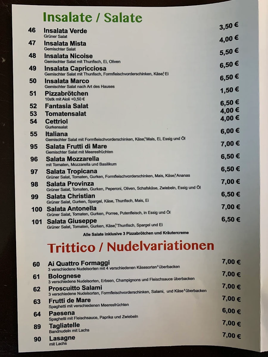 Speisekarte, Pizzeria Marco