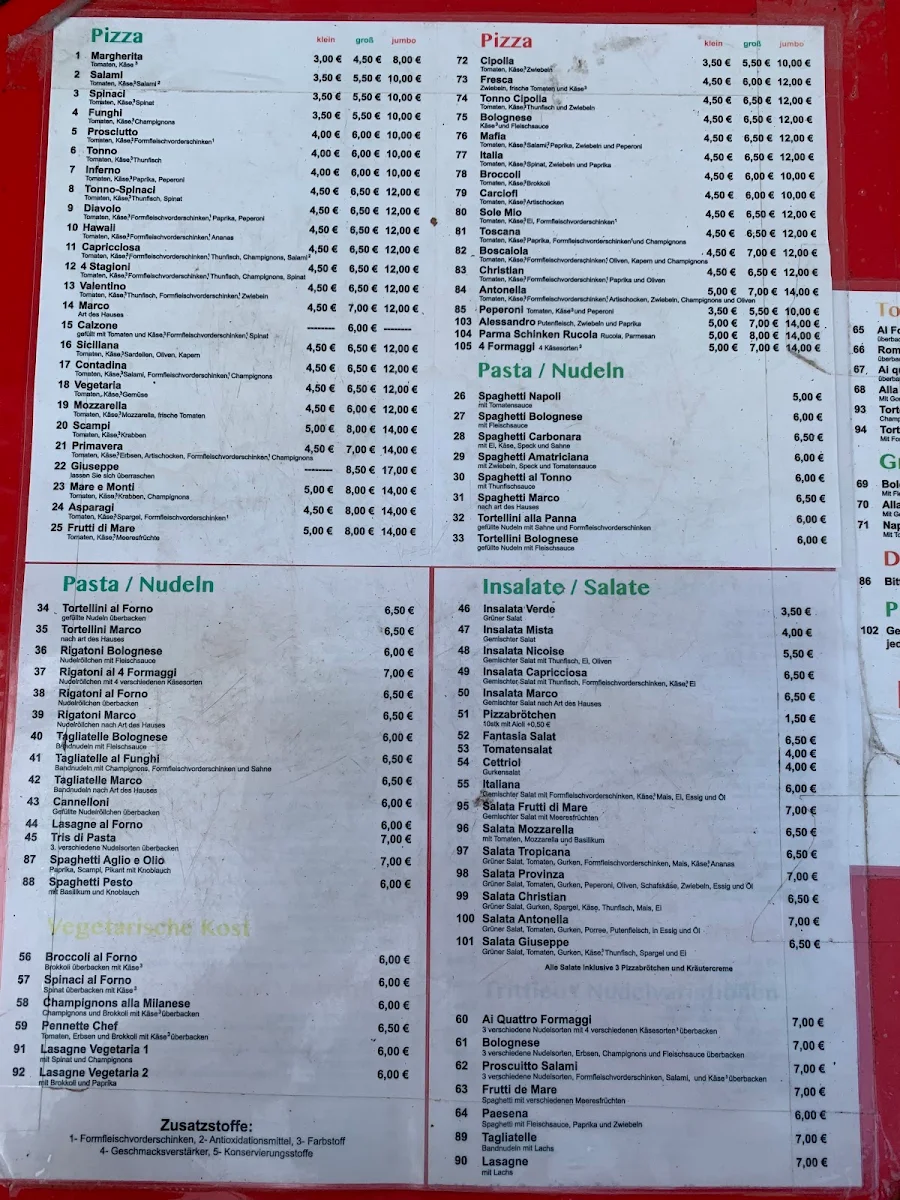 Speisekarte, Pizzeria Marco