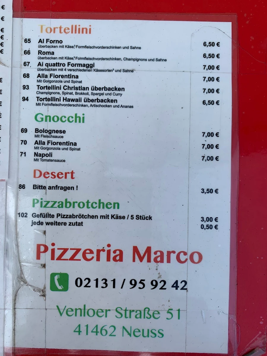 Speisekarte, Pizzeria Marco