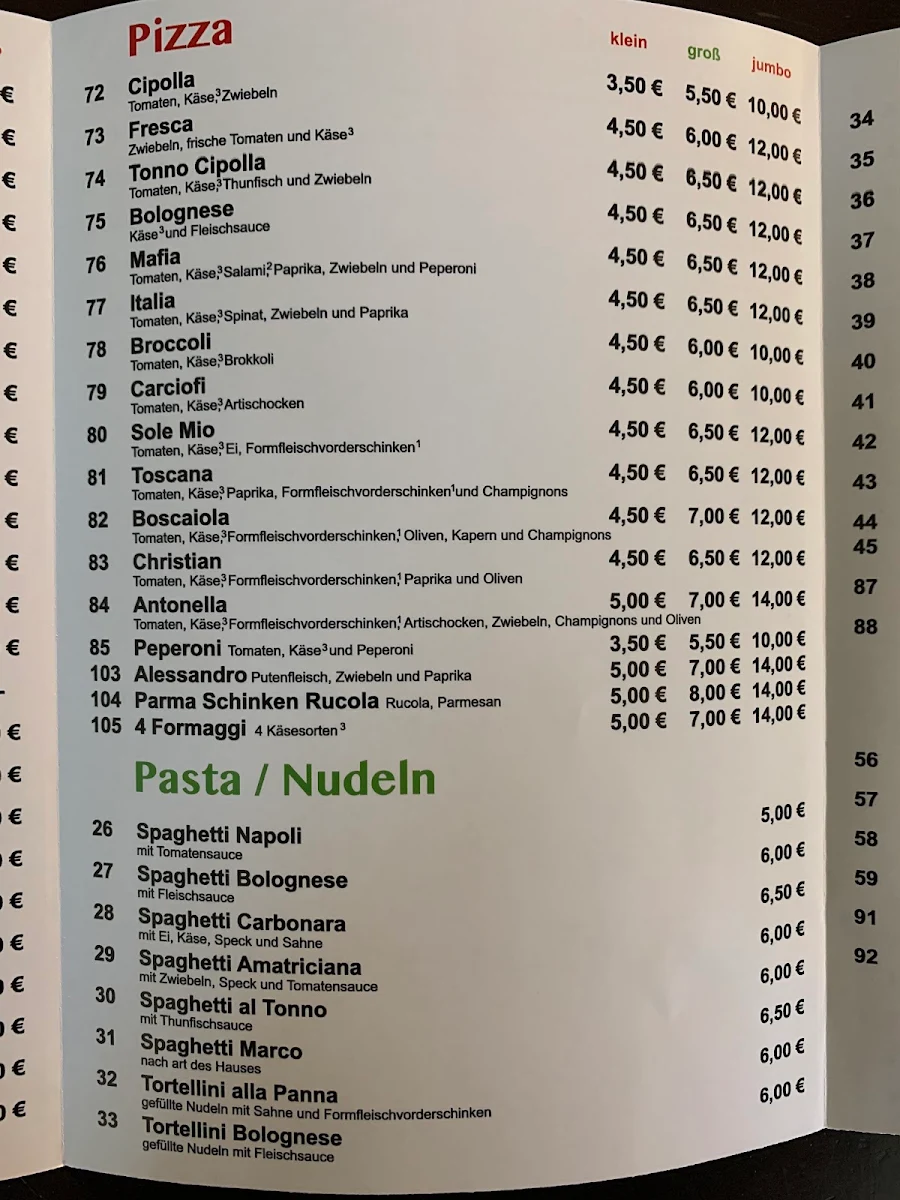 Speisekarte, Pizzeria Marco