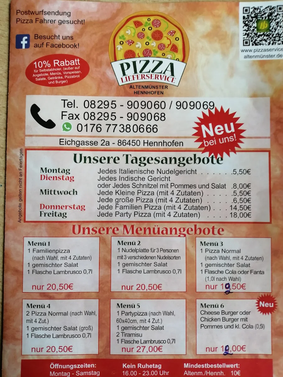 Speisekarte, Pizzaservice Altenmünster