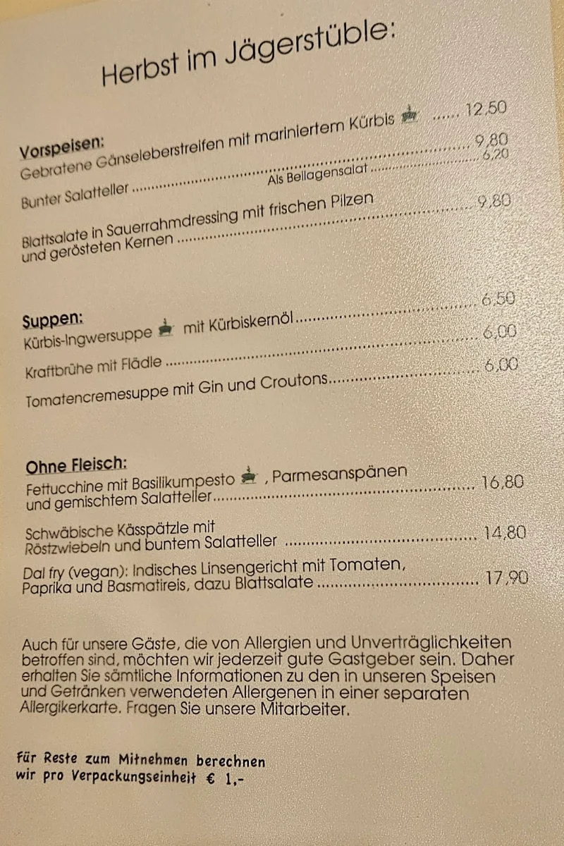 Speisekarte, Gasthof Jägerstüble