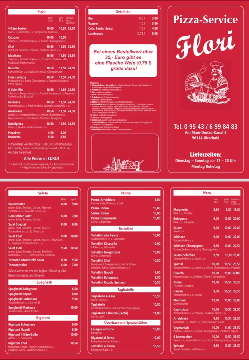 Speisekarte, Flori Pizza Service