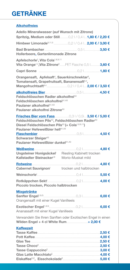 Speisekarte, Gastronomie im Lausitzbad Hoyerswerda