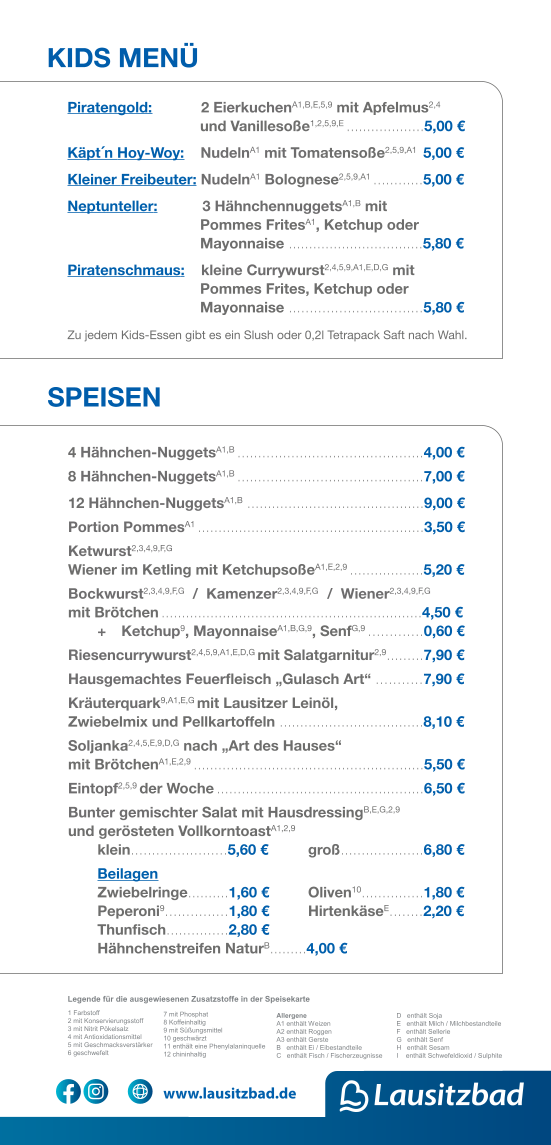 Speisekarte, Gastronomie im Lausitzbad Hoyerswerda