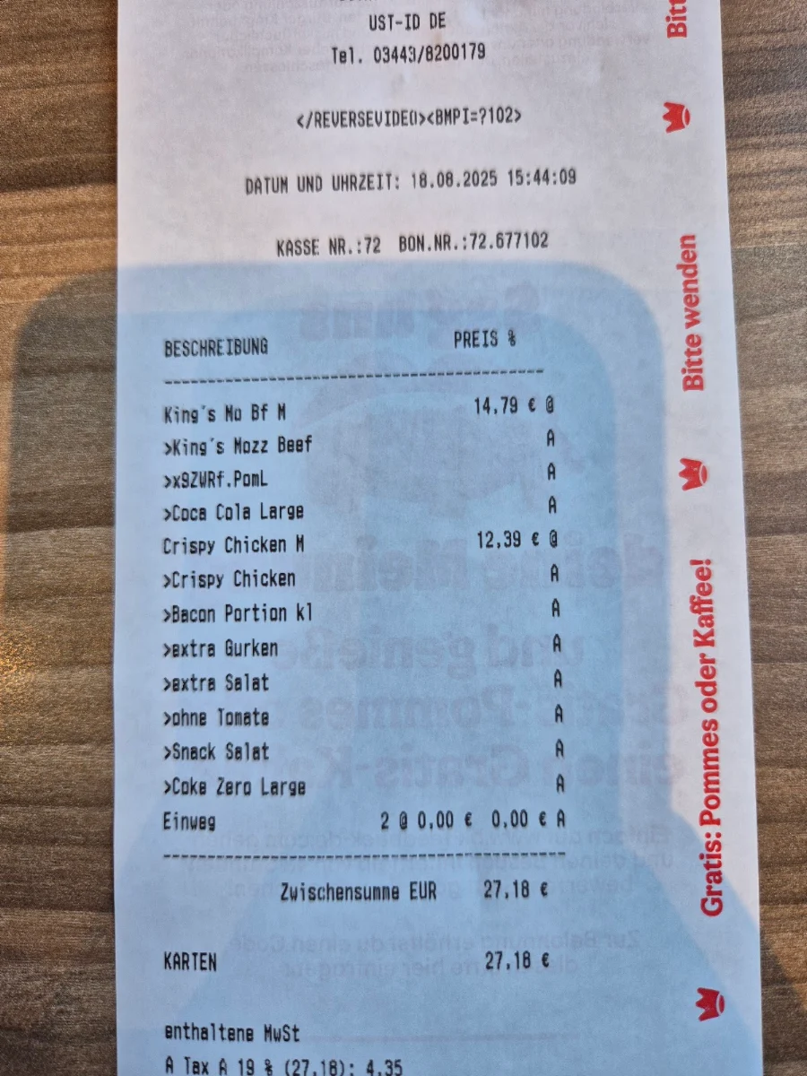 Speisekarte, Burger King