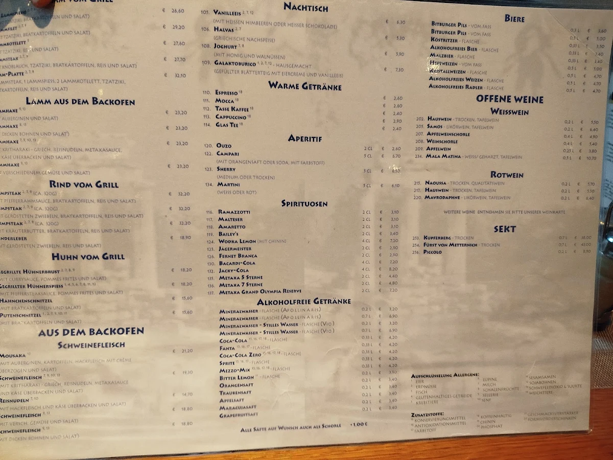 Speisekarte, Restaurant Delphi Mainz