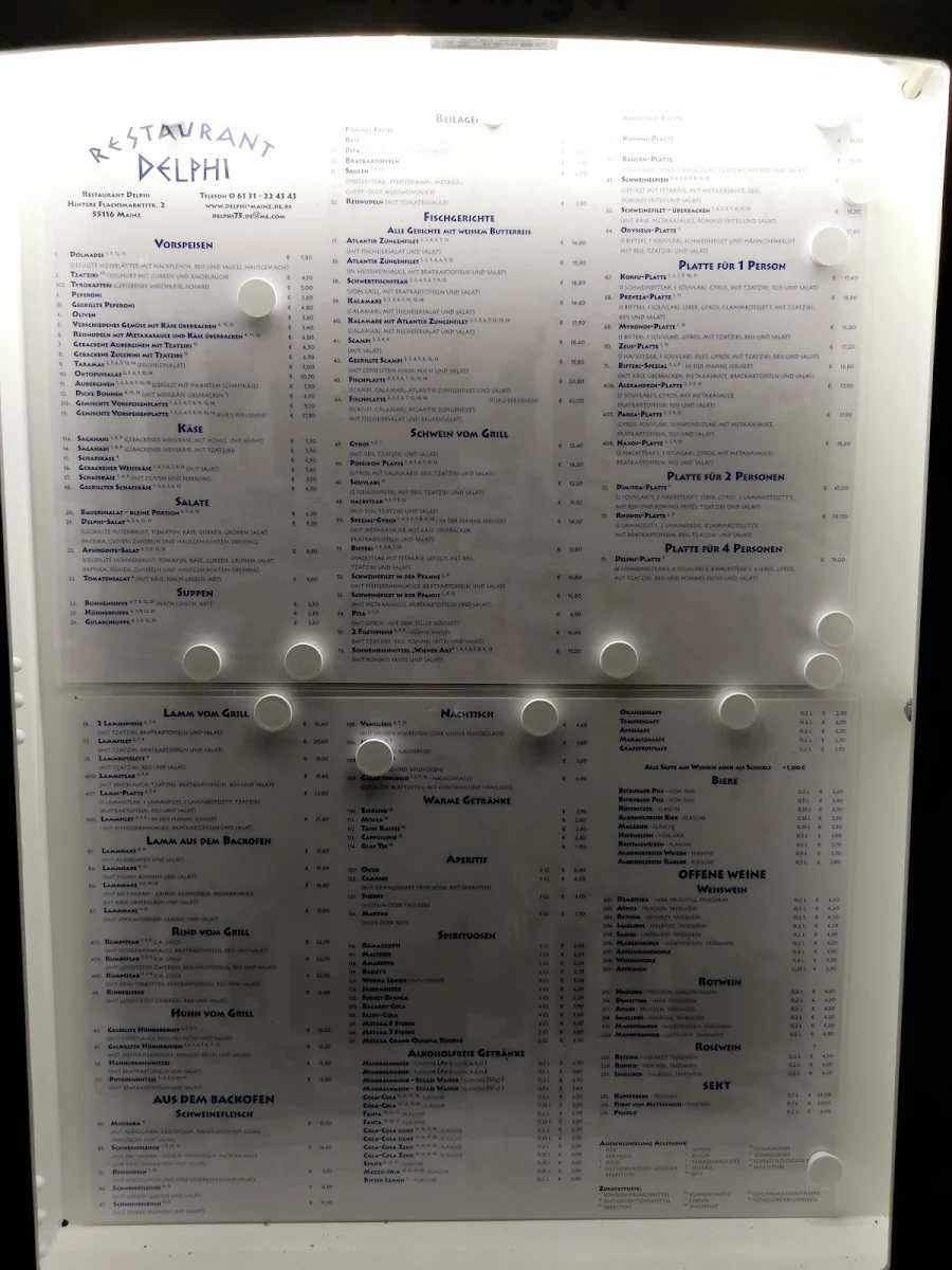 Speisekarte, Restaurant Delphi Mainz