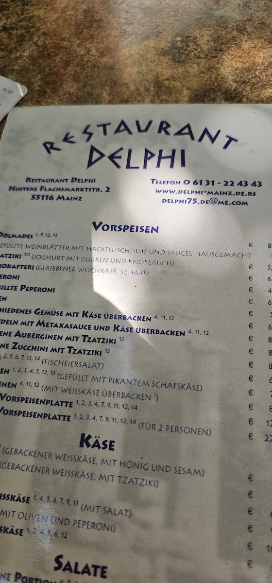 Speisekarte, Restaurant Delphi Mainz