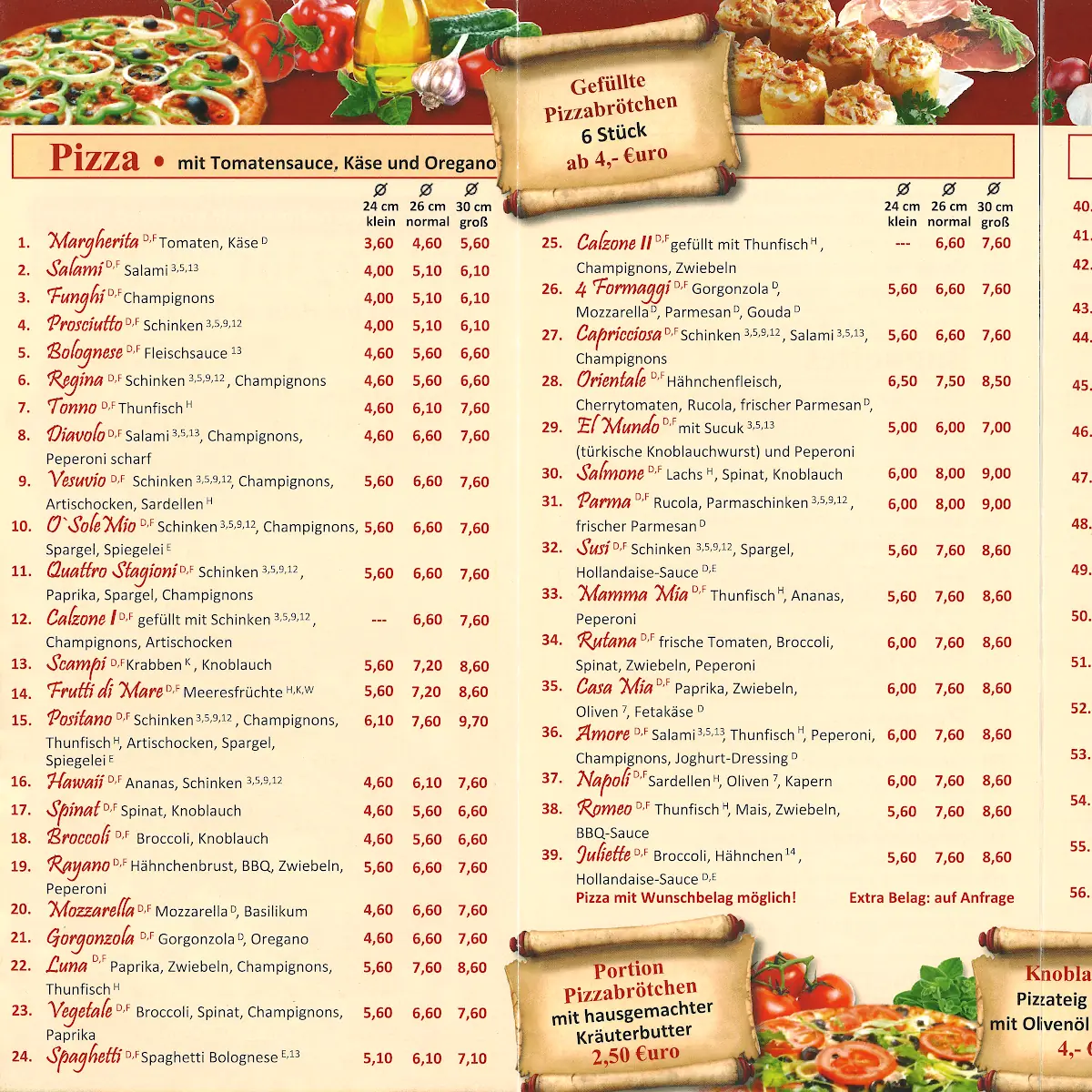 Speisekarte, Pizzeria Positano UG