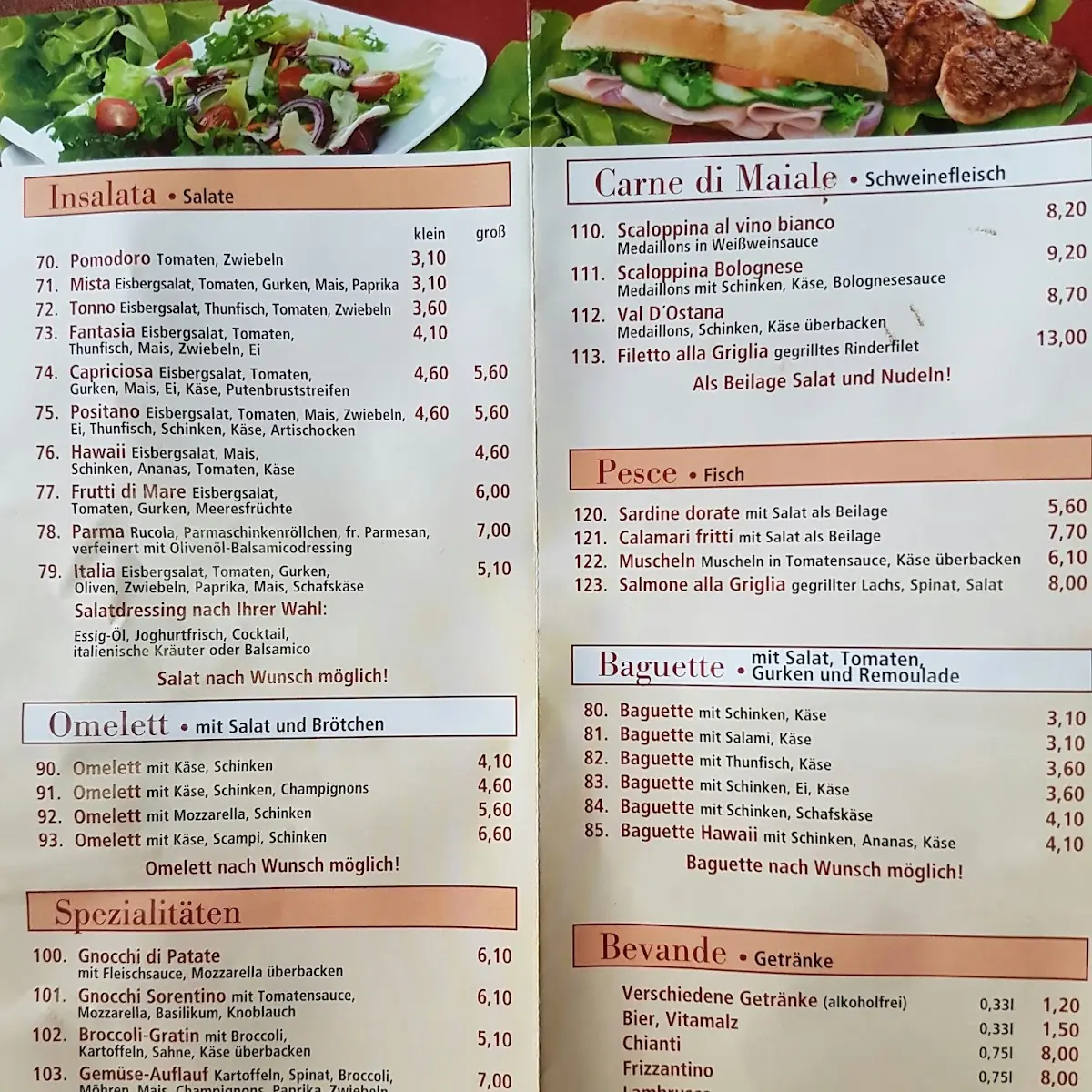 Speisekarte, Pizzeria Positano UG