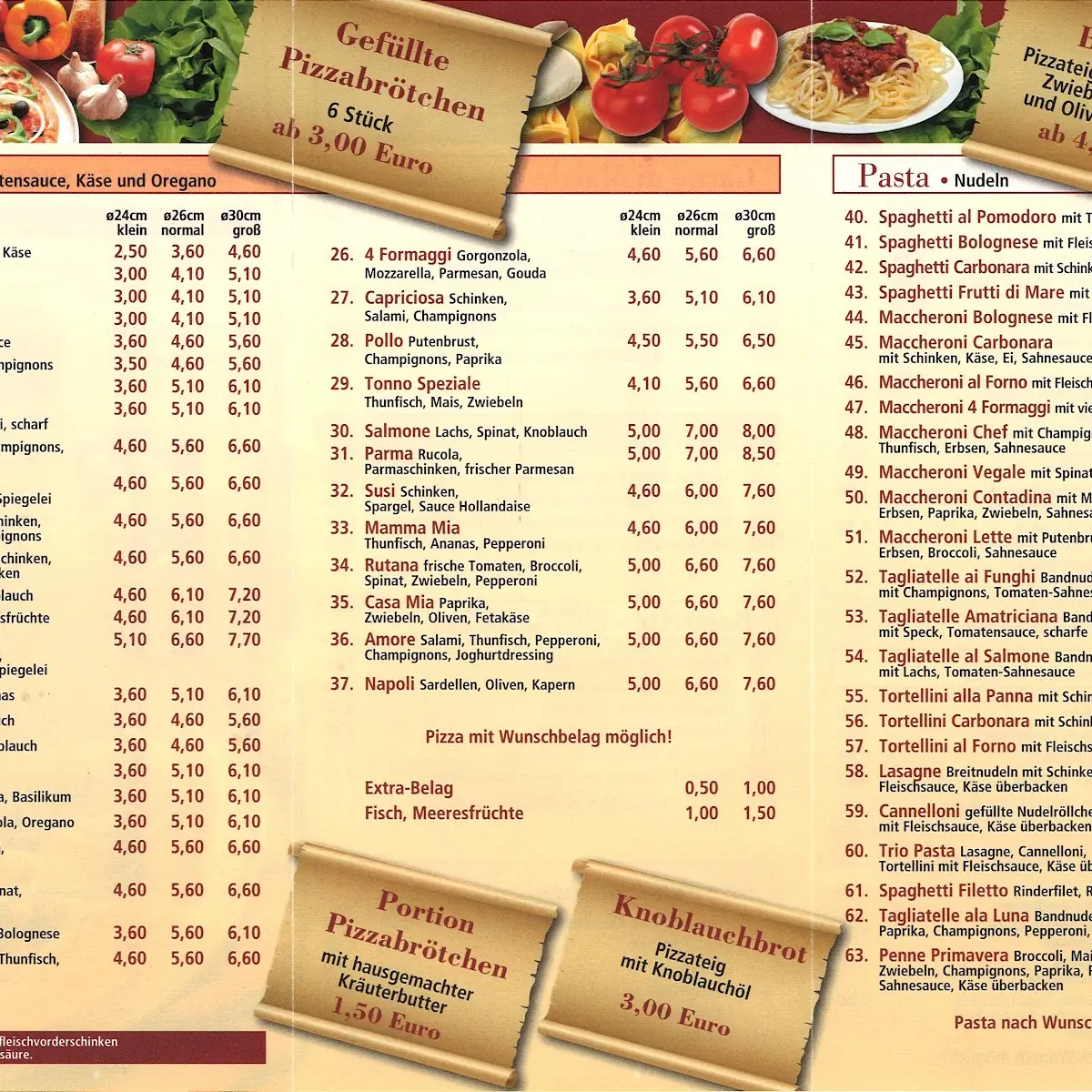 Speisekarte, Pizzeria Positano UG