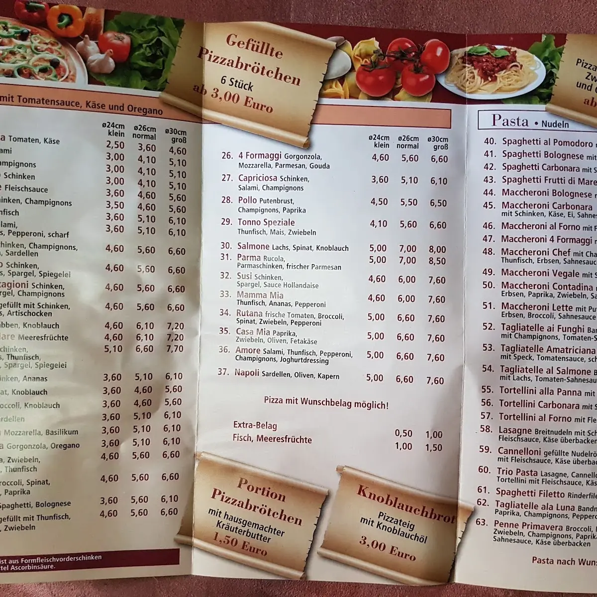 Speisekarte, Pizzeria Positano UG