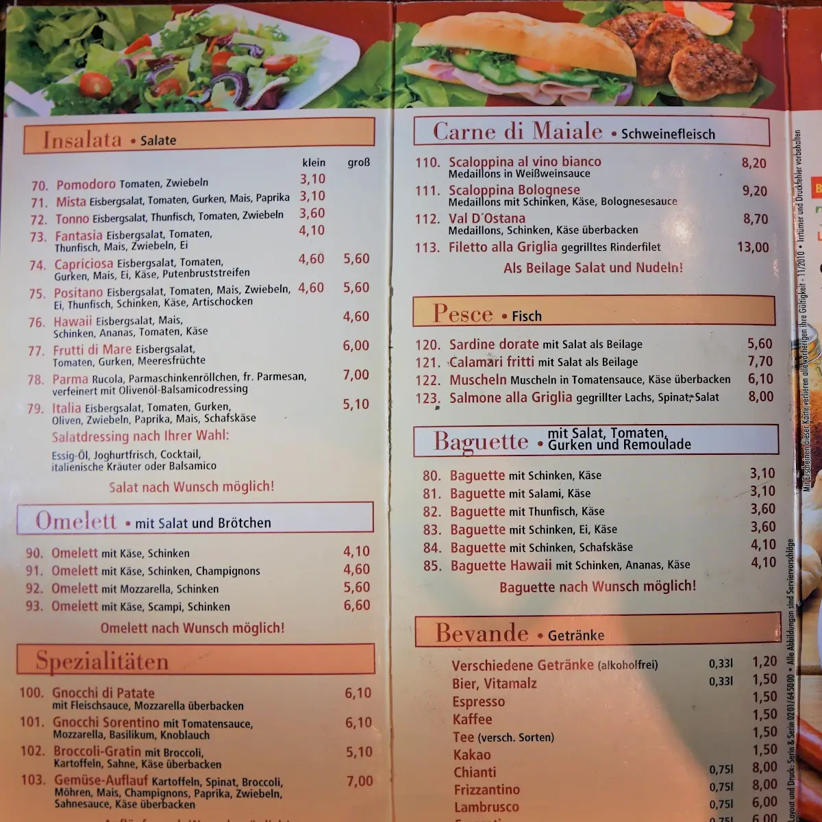 Speisekarte, Pizzeria Positano UG