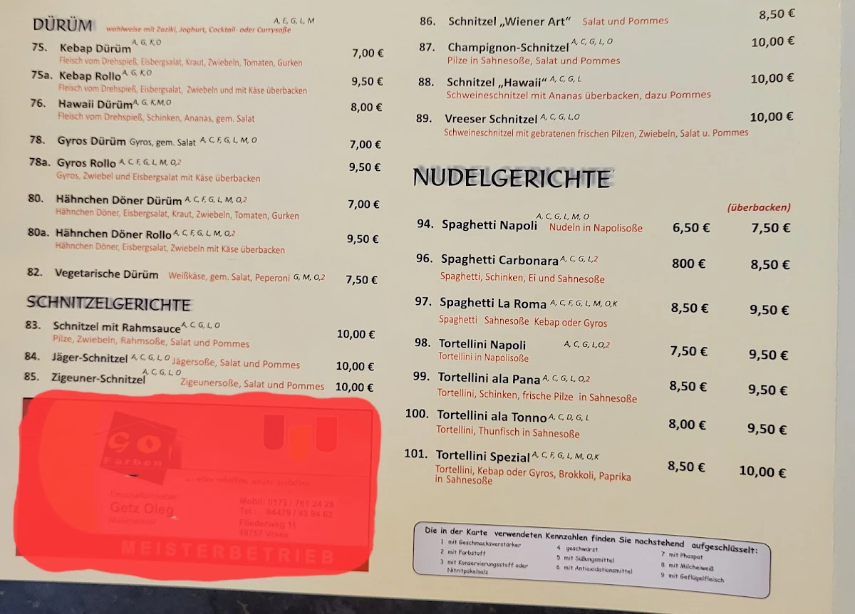 Speisekarte, Pizzeria La Roma