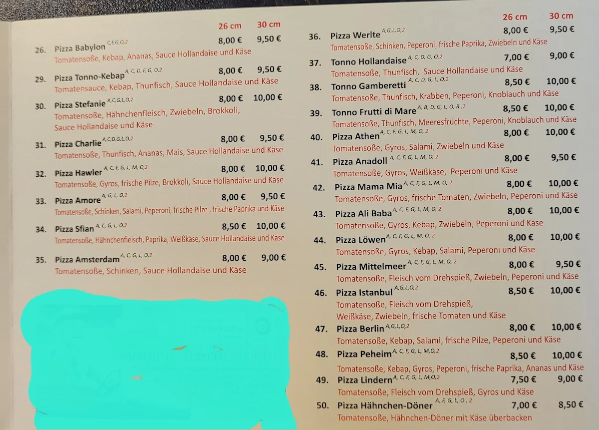 Speisekarte, Pizzeria La Roma