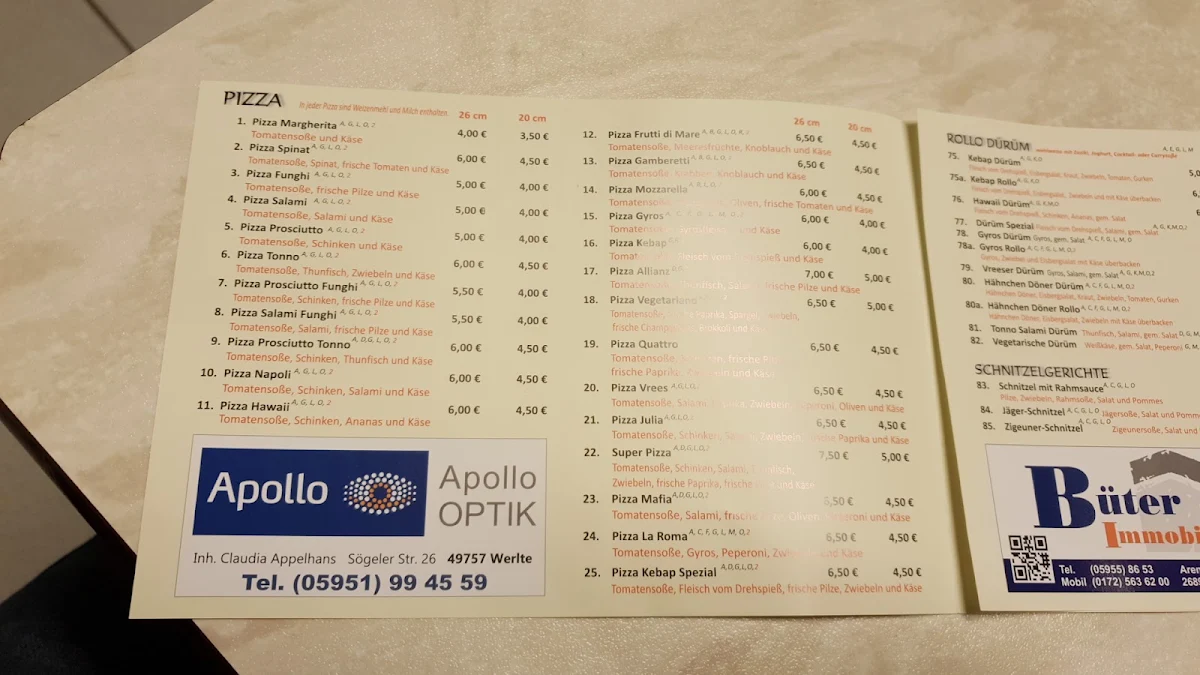 Speisekarte, Pizzeria La Roma
