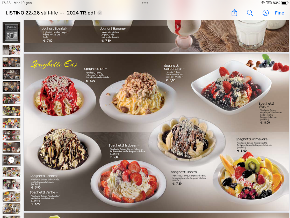 Speisekarte, Eiscafé Rizzardini