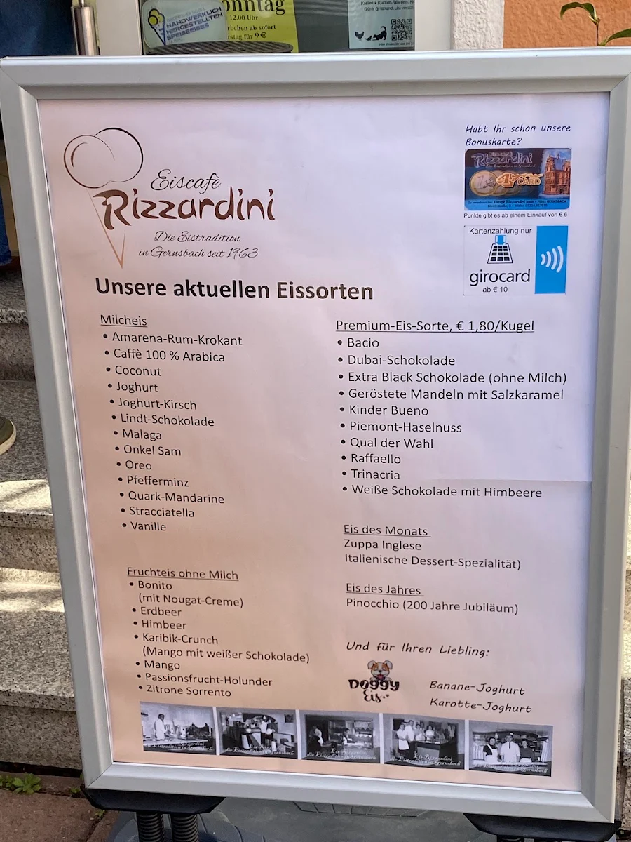 Speisekarte, Eiscafé Rizzardini
