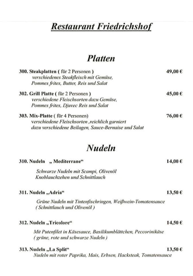 Speisekarte, Restaurant Friedrichshof