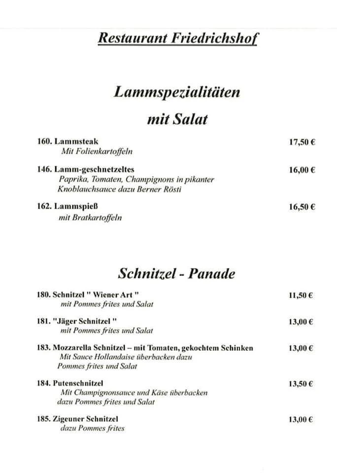 Speisekarte, Restaurant Friedrichshof