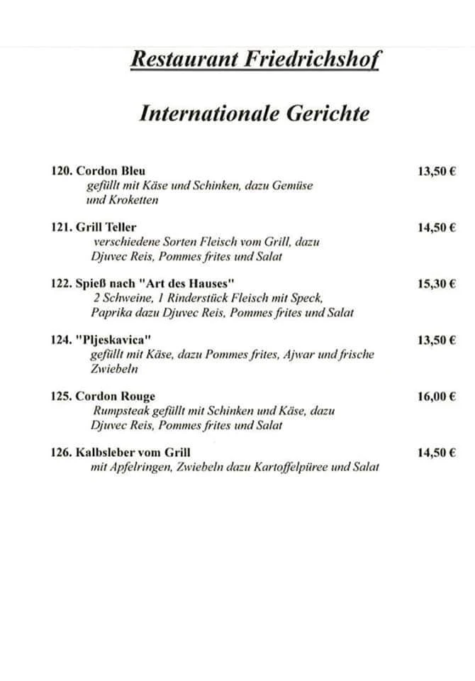 Speisekarte, Restaurant Friedrichshof