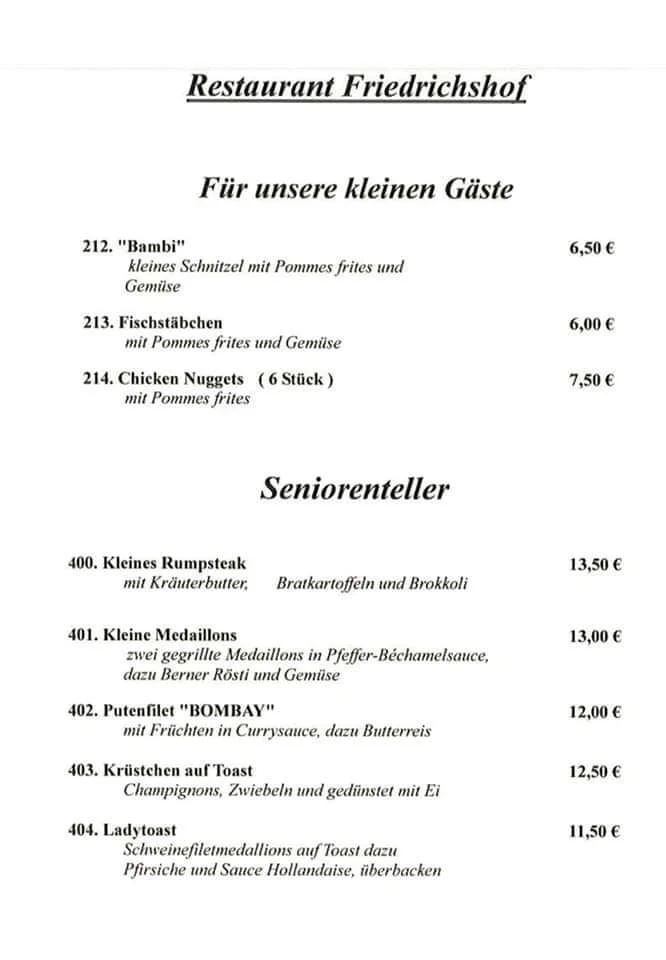 Speisekarte, Restaurant Friedrichshof