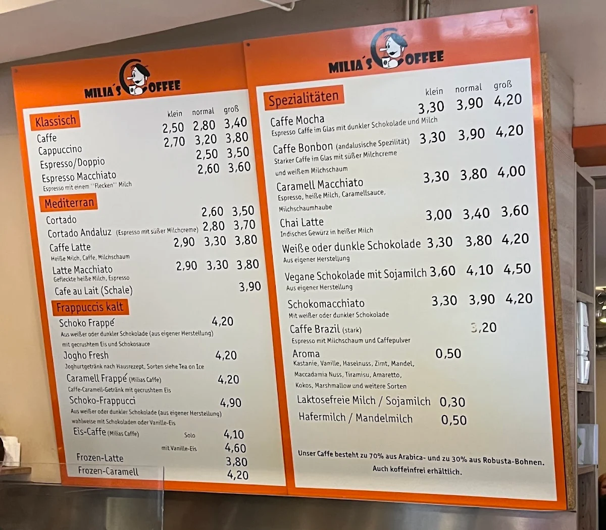 Speisekarte, Milia's Coffee
