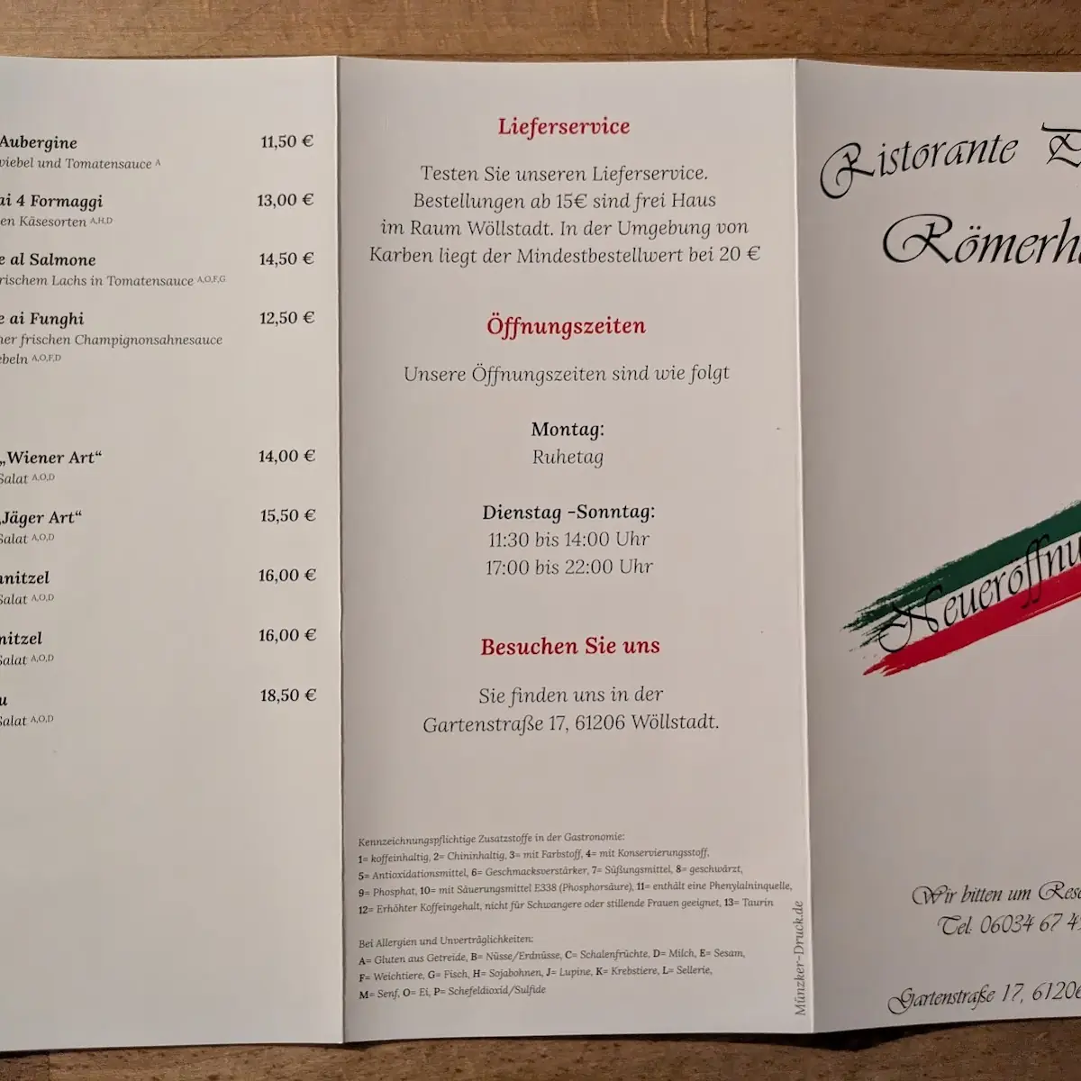 Speisekarte, Gaststätte Römerstube