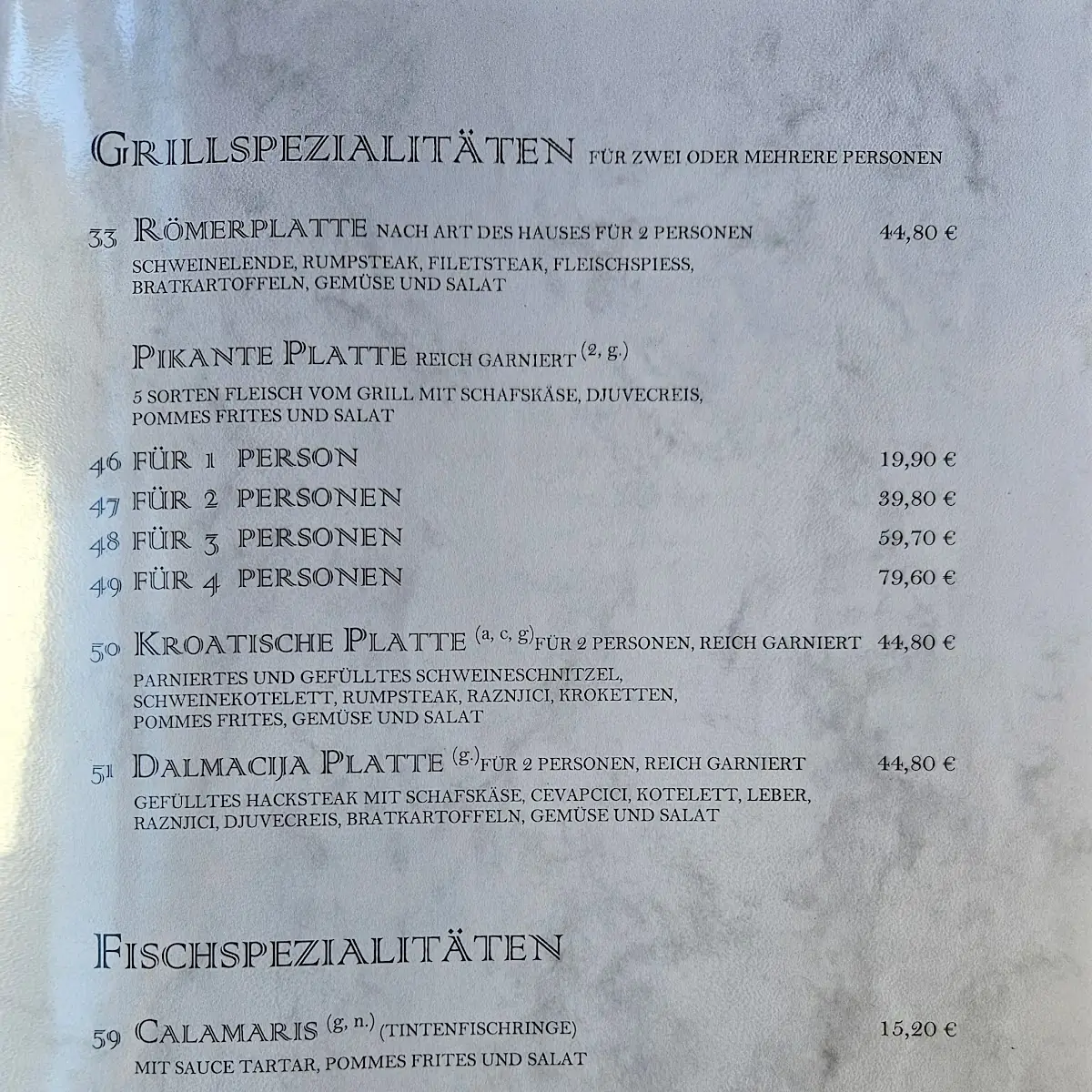 Speisekarte, Gaststätte Römerstube