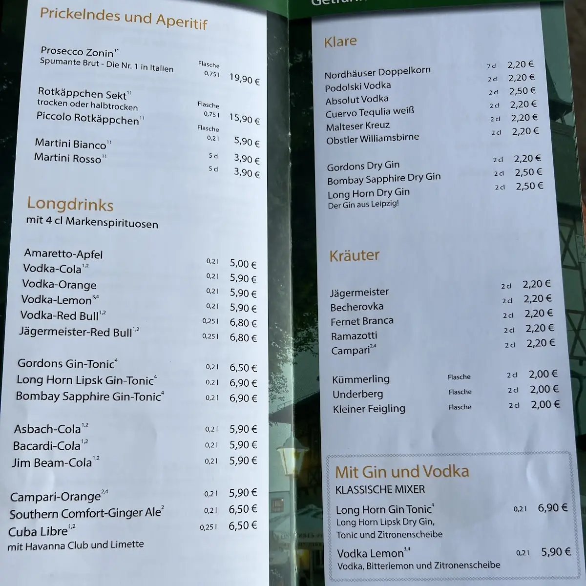 Speisekarte, Schreber´s Restaurant und Biergarten