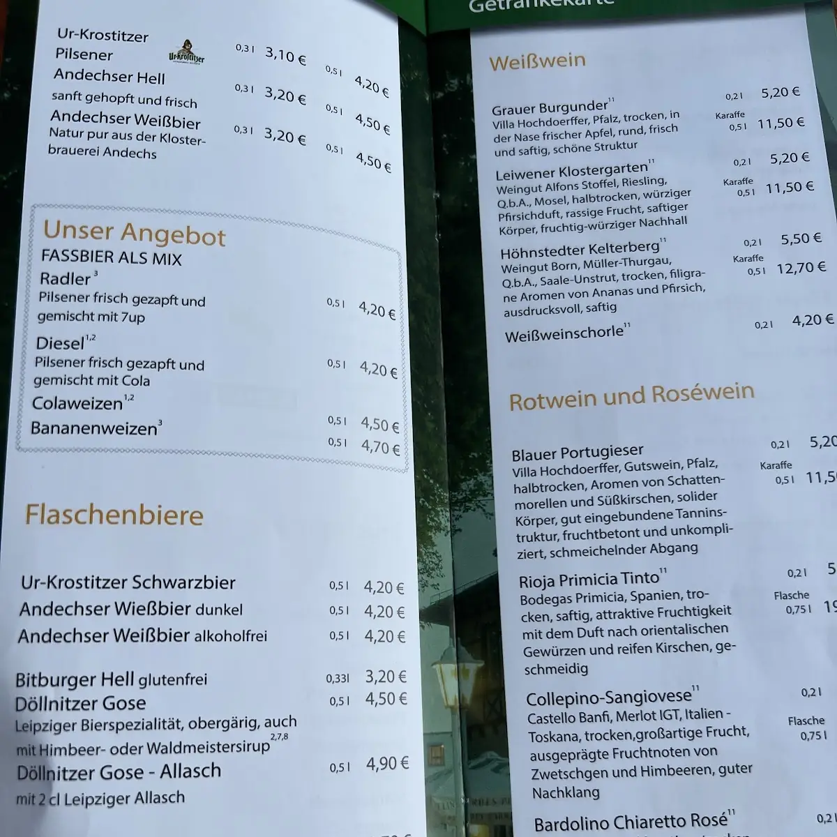 Speisekarte, Schreber´s Restaurant und Biergarten
