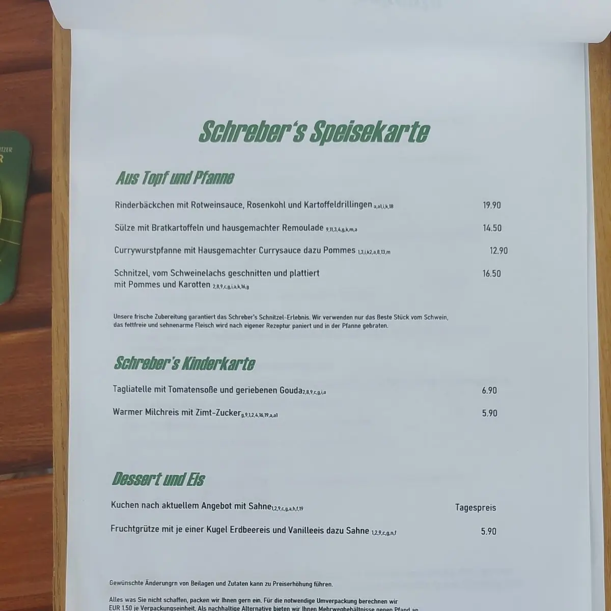 Speisekarte, Schreber´s Restaurant und Biergarten