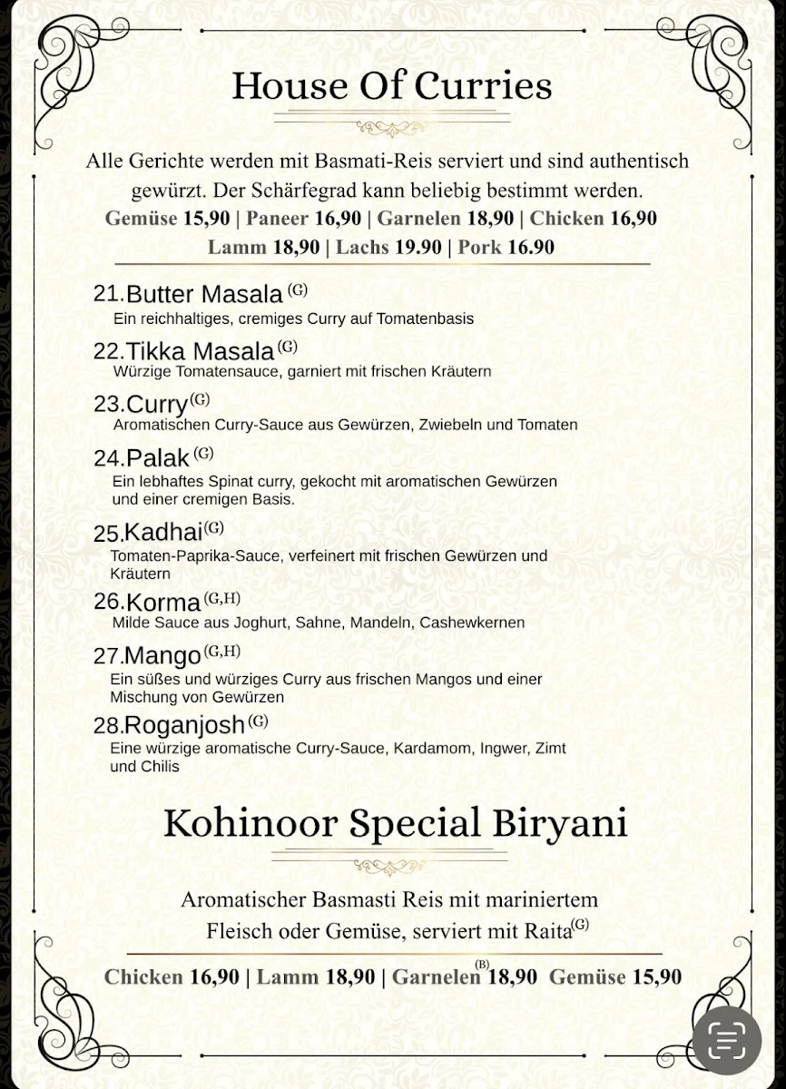 Speisekarte, Kohinoor Club