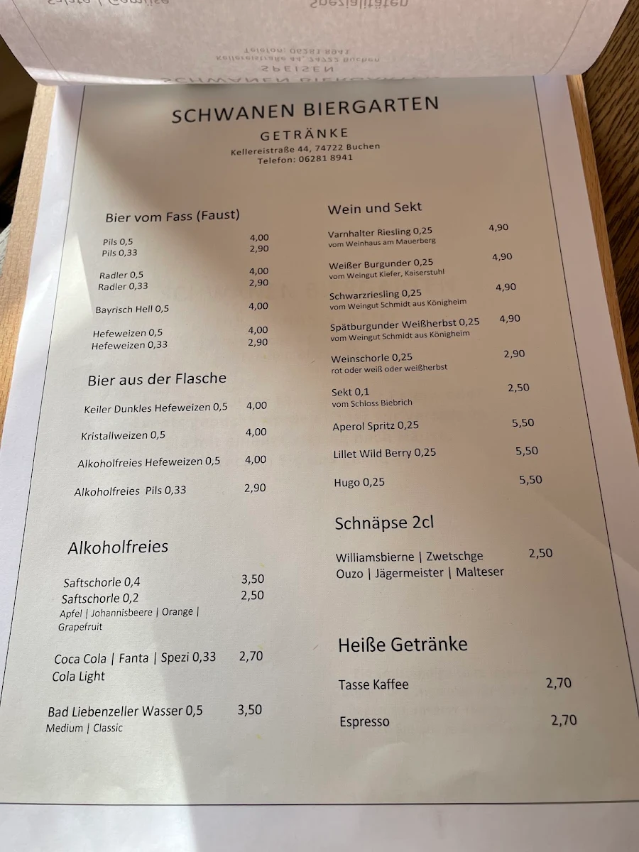 Speisekarte, Gasthaus Zum Schwanen