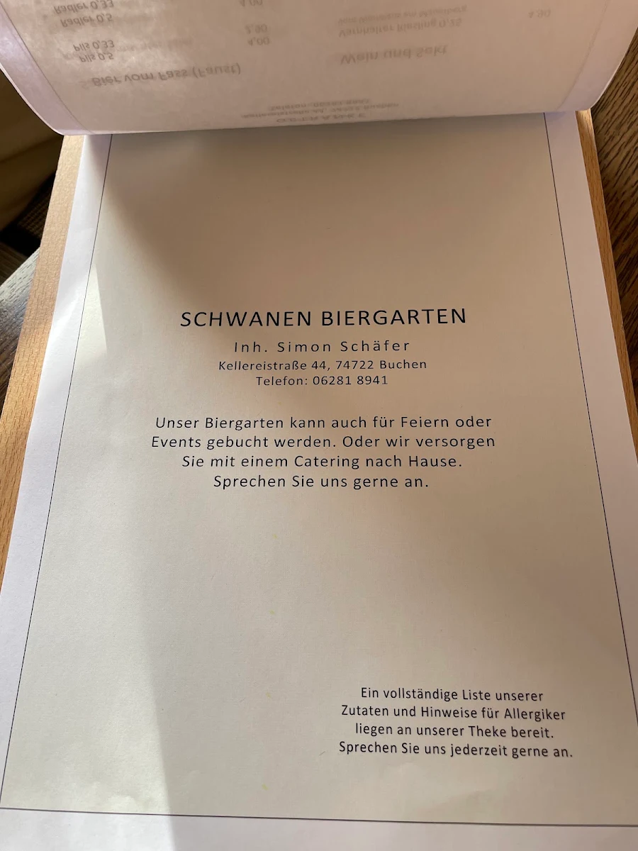 Speisekarte, Gasthaus Zum Schwanen