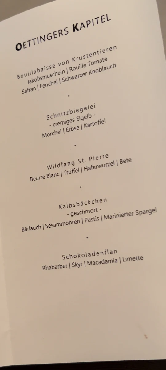 Speisekarte, Oettinger's Restaurant
