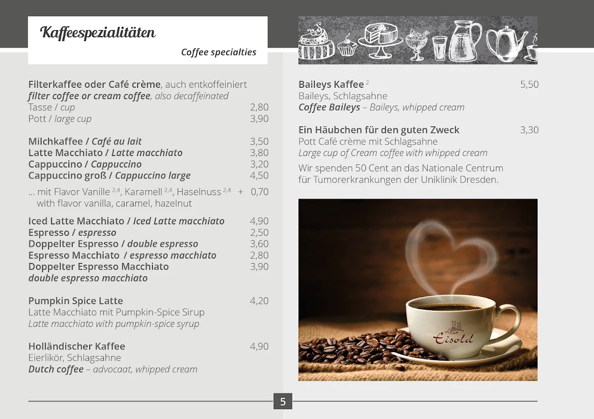 Speisekarte, Café Eisold an der Uniklinik