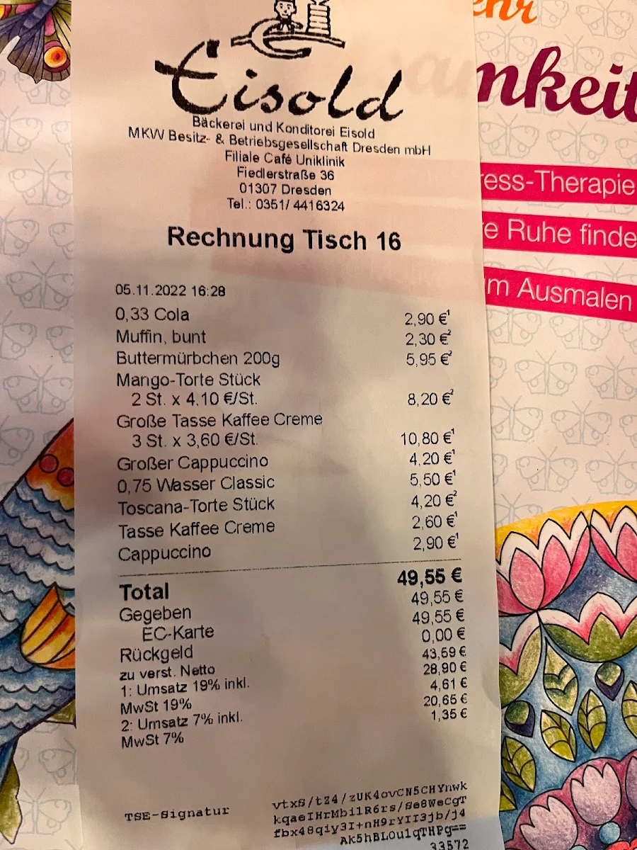 Speisekarte, Café Eisold an der Uniklinik