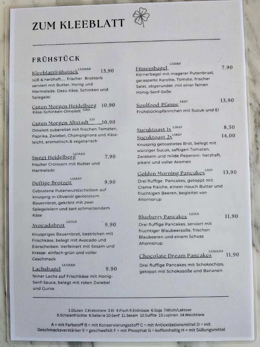 Speisekarte, Café Zum Kleeblatt