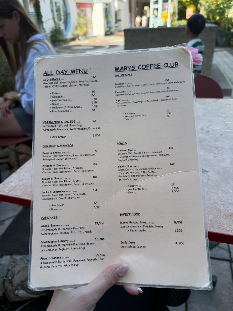 Speisekarte, Mary's Coffee Club Maxvorstadt