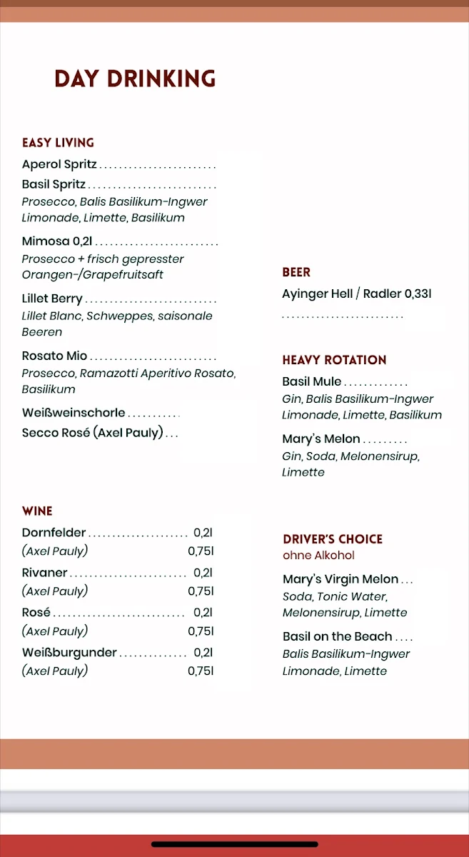 Speisekarte, Mary's Coffee Club Maxvorstadt