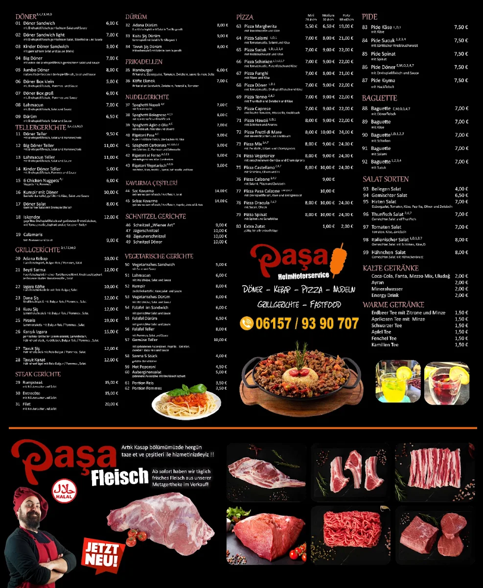 Speisekarte, Paşa Döner kebap haus