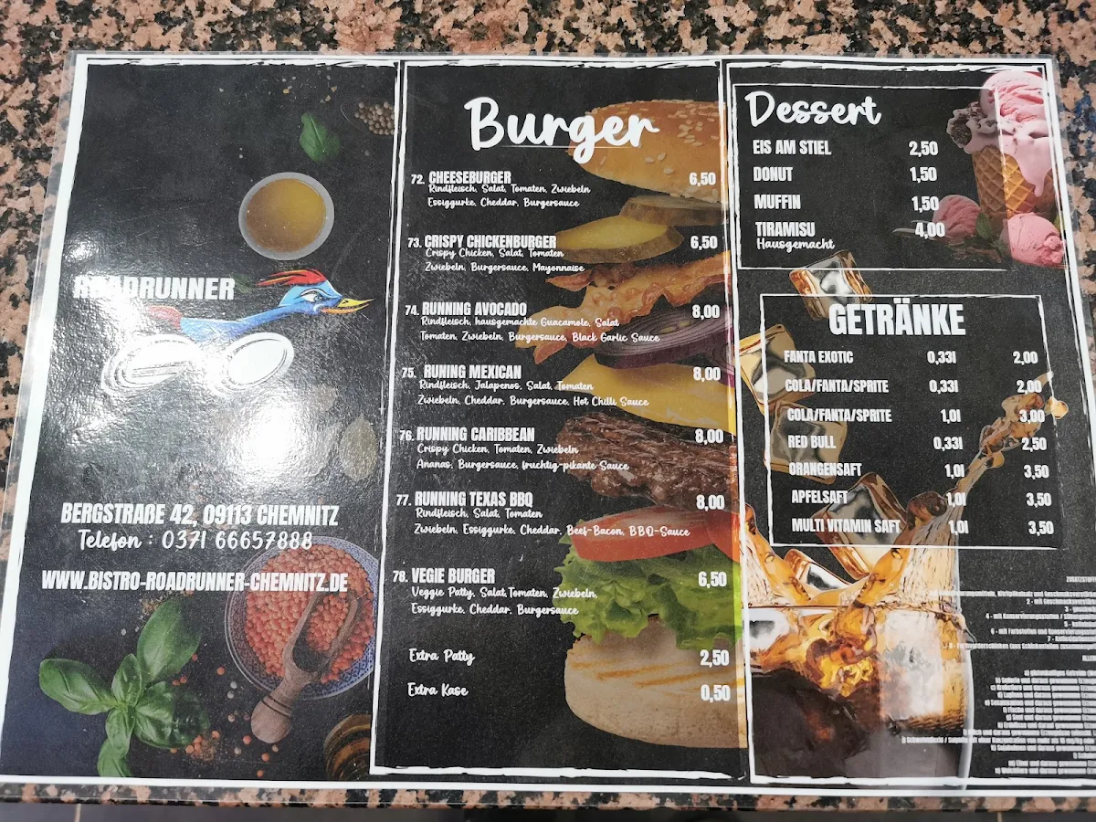 Speisekarte, Bistro Roadrunner