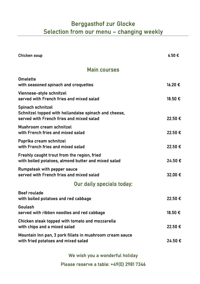 Speisekarte, Brasserie Berglenne Winterberg