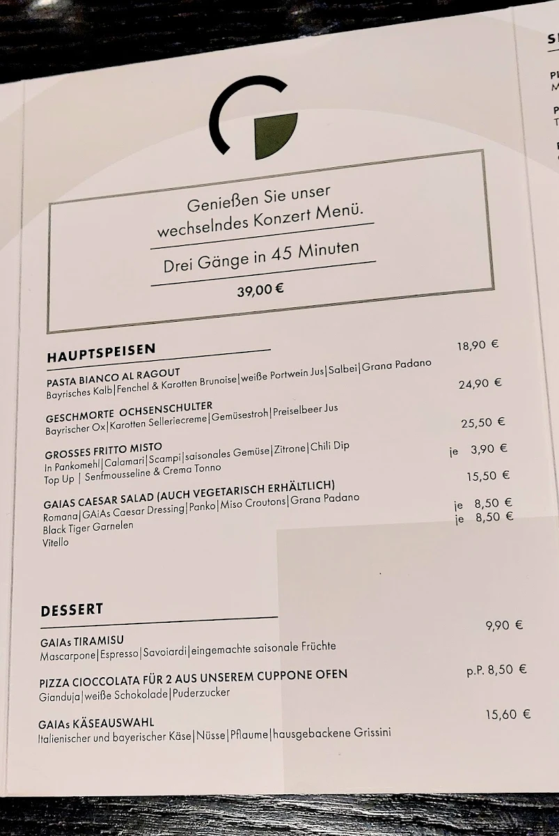 Speisekarte, Gaia Restaurant