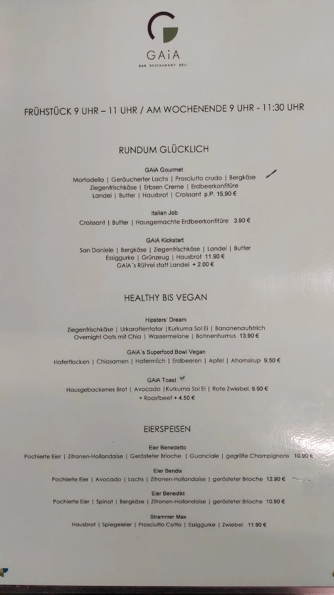 Speisekarte, Gaia Restaurant