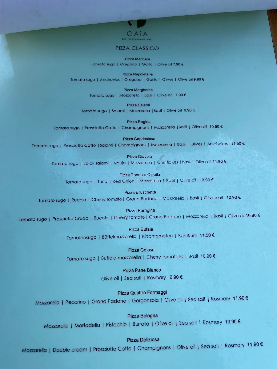 Speisekarte, Gaia Restaurant